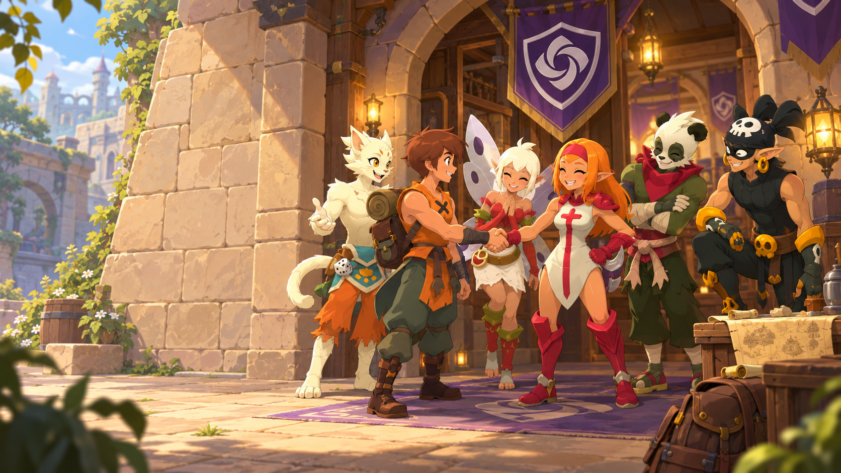 Un nouveau Féca accueilli par les membres de Saharash devant la maison de guilde.